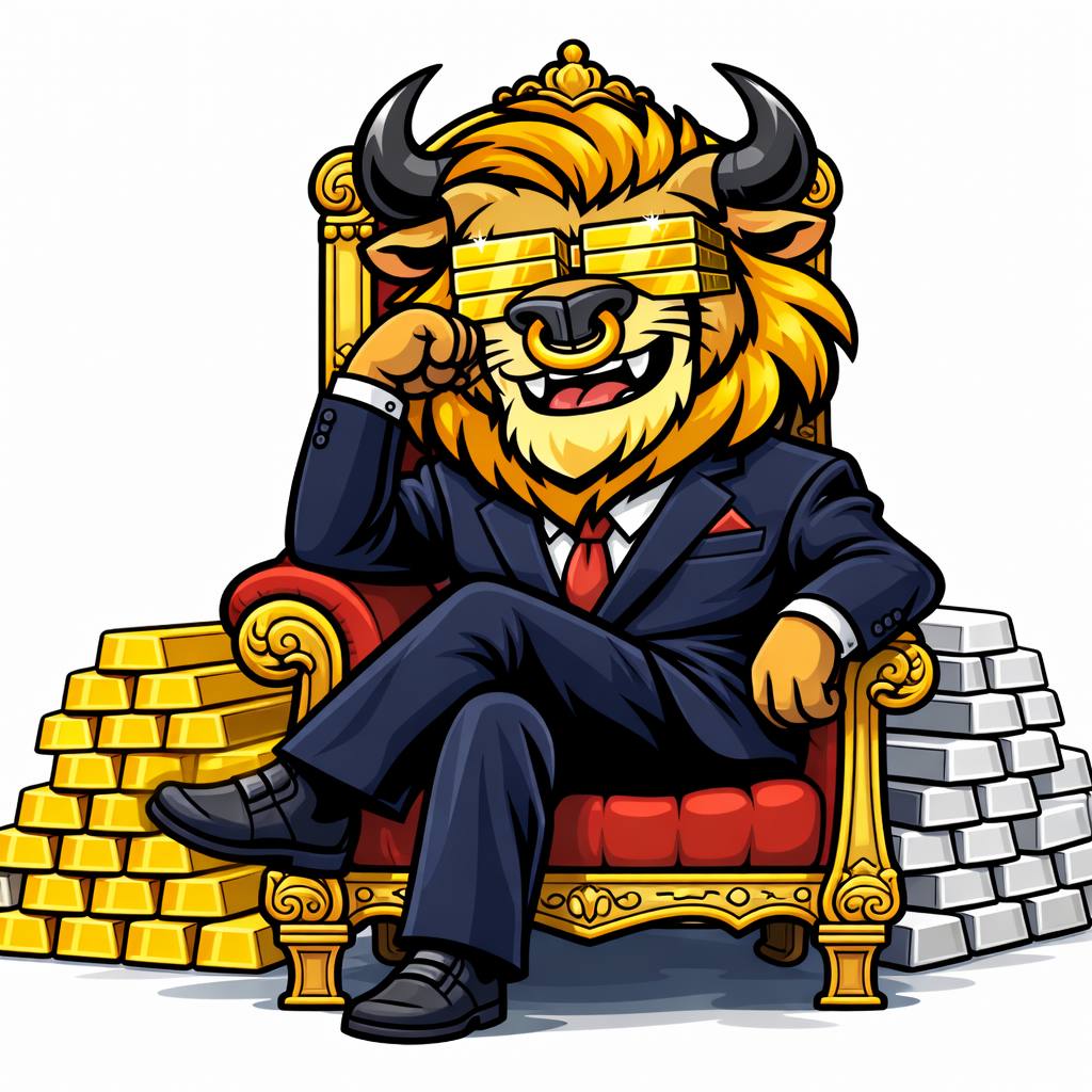 Bullion mascot on throne with gold and silver